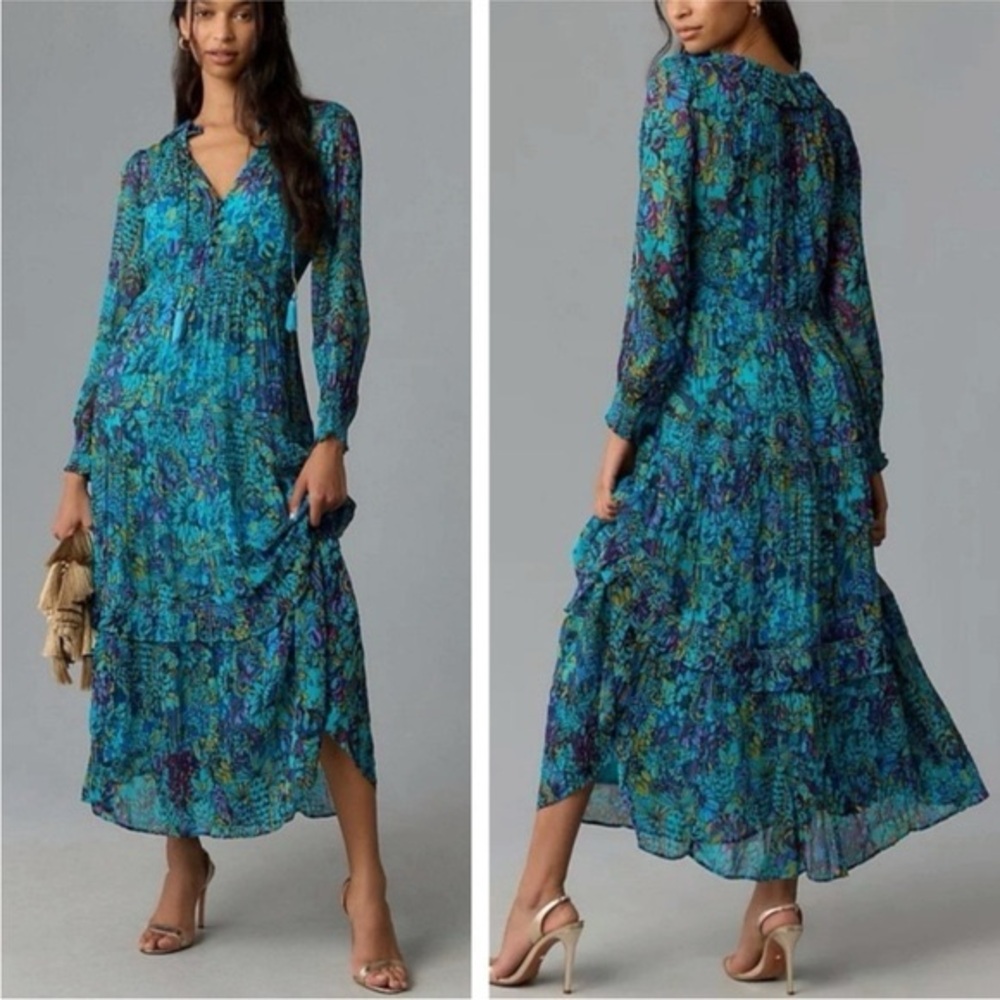 Anthropologie The Marais Chiffon Maxi Slip Dress Blue Turquoise Size medium